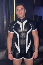 Joy-lgbt Black White Geometric Short-Sleeve Zip-Front Bodysuit