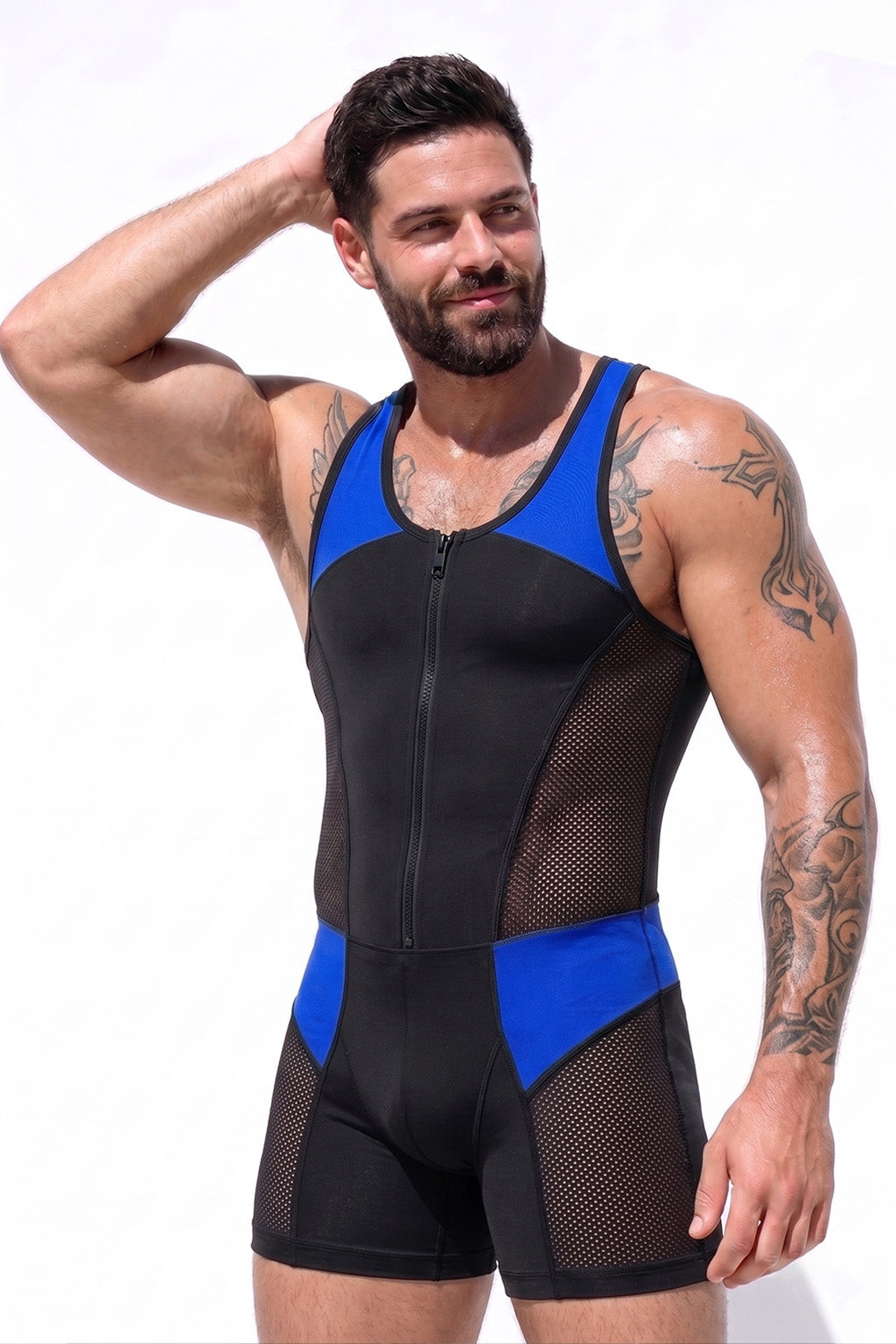 Joy-lgbt Men’s Black Blue Mesh Bodysuit Shorts