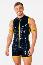 Joy-lgbt Men’s Navy Yellow Glossy High-Neck Zip-Front Sleeveless Bodysuit