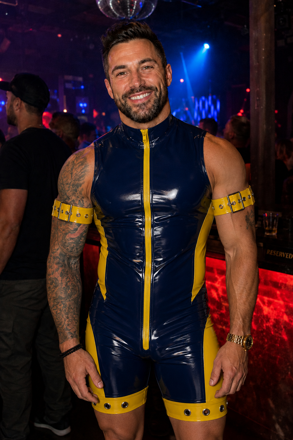 Joy-lgbt Men’s Navy Yellow Glossy High-Neck Zip-Front Bodysuit Shorts with Armbands