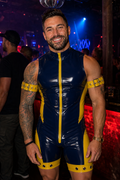 Joy-lgbt Men’s Navy Yellow Glossy High-Neck Zip-Front Bodysuit Shorts with Armbands