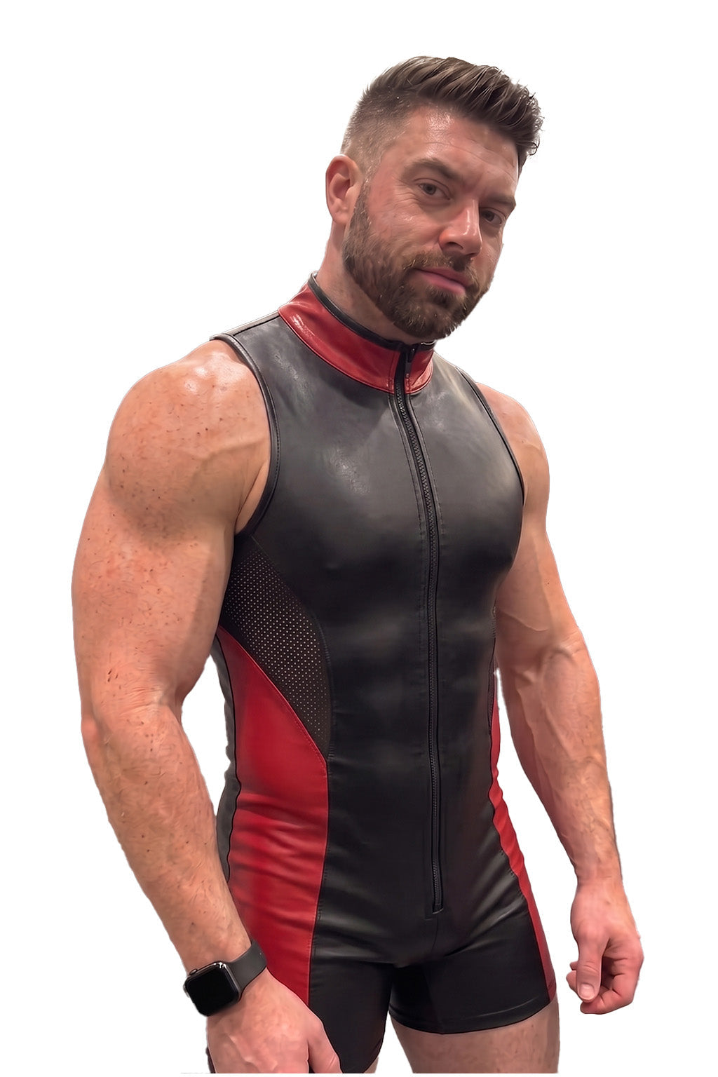 Joy-lgbt Men’s Black Red Glossy\Matte Stand-Collar Sleeveless Bodysuit