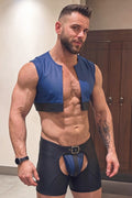 Joy-lgbt Men’s Blue Black Faux Leather Cropped Top and Shorts Set