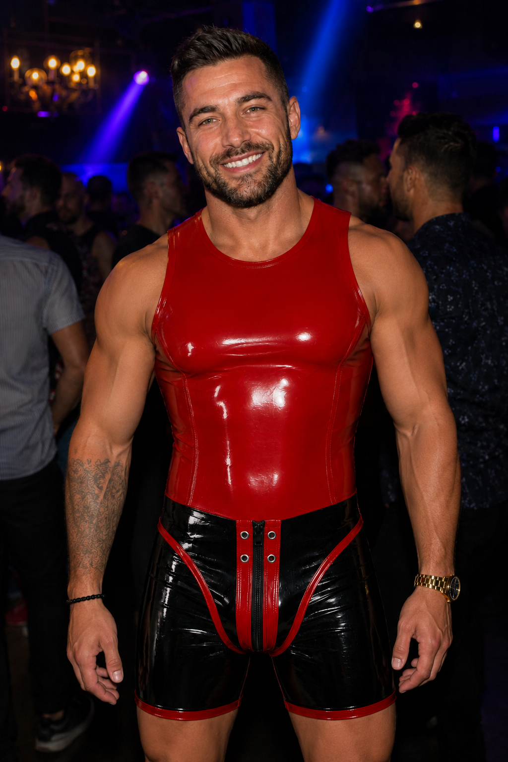 Joy-lgbt Men’s Red Black Glossy Round-Neck Sleeveless Bodysuit Shorts