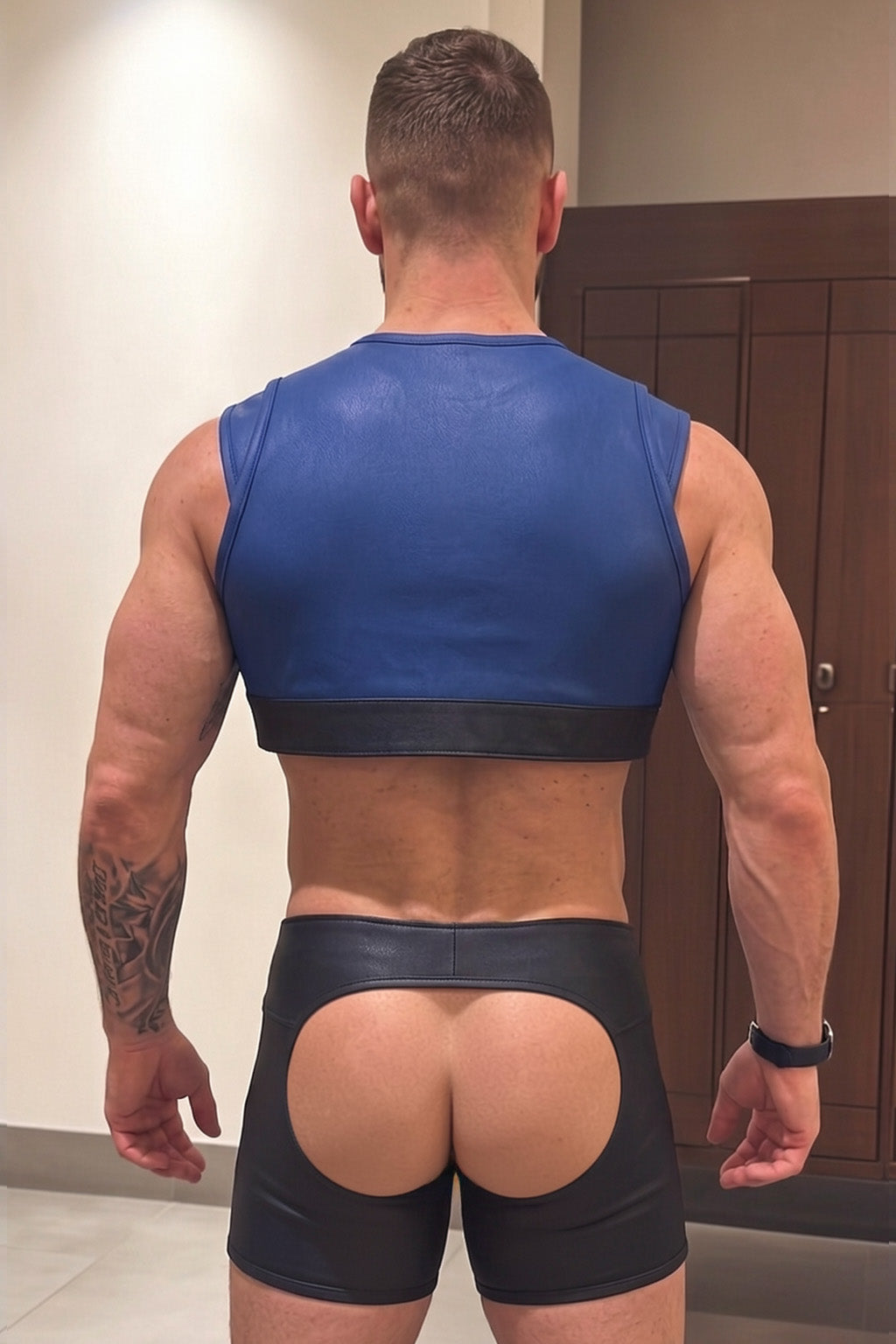 Joy-lgbt Men’s Blue Black Faux Leather Cropped Top and Shorts Set