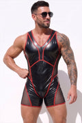 Joy-lgbt Men’s Black Red Glossy V-Neck Mesh Bodysuit Shorts