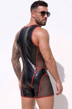 Joy-lgbt Men’s Black Red Glossy V-Neck Mesh Bodysuit Shorts