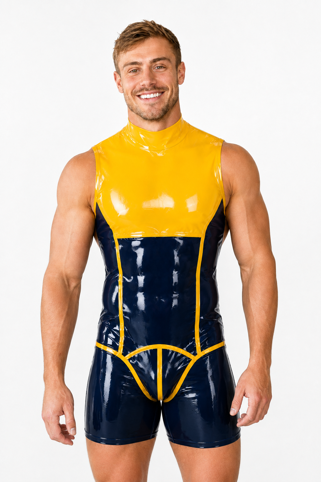 Joy-lgbt Men’s Orange Black Glossy High-Neck Sleeveless Bodysuit Shorts