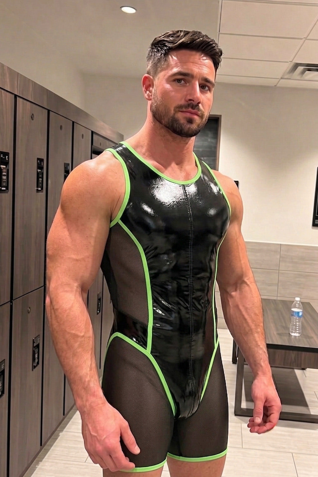 Joy-lgbt Men’s Black Green Glossy Mesh Bodysuit Shorts