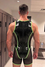 Joy-lgbt Men’s Black Green Glossy Mesh Bodysuit Shorts