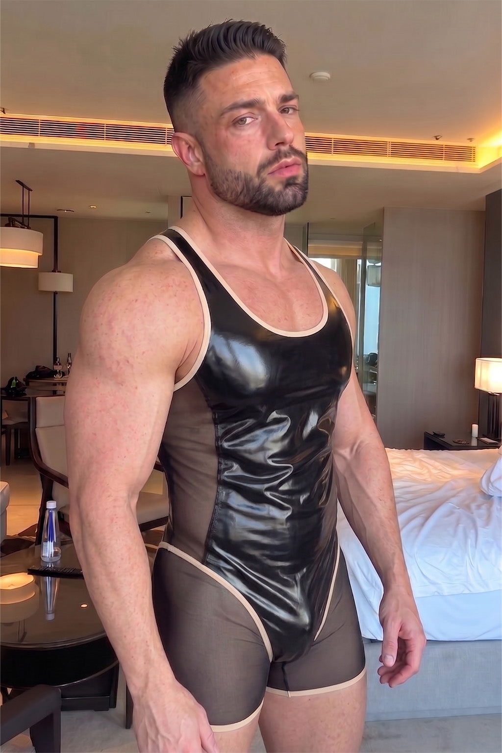 Joy-lgbt Men’s Black White Glossy Mesh Bodysuit Shorts