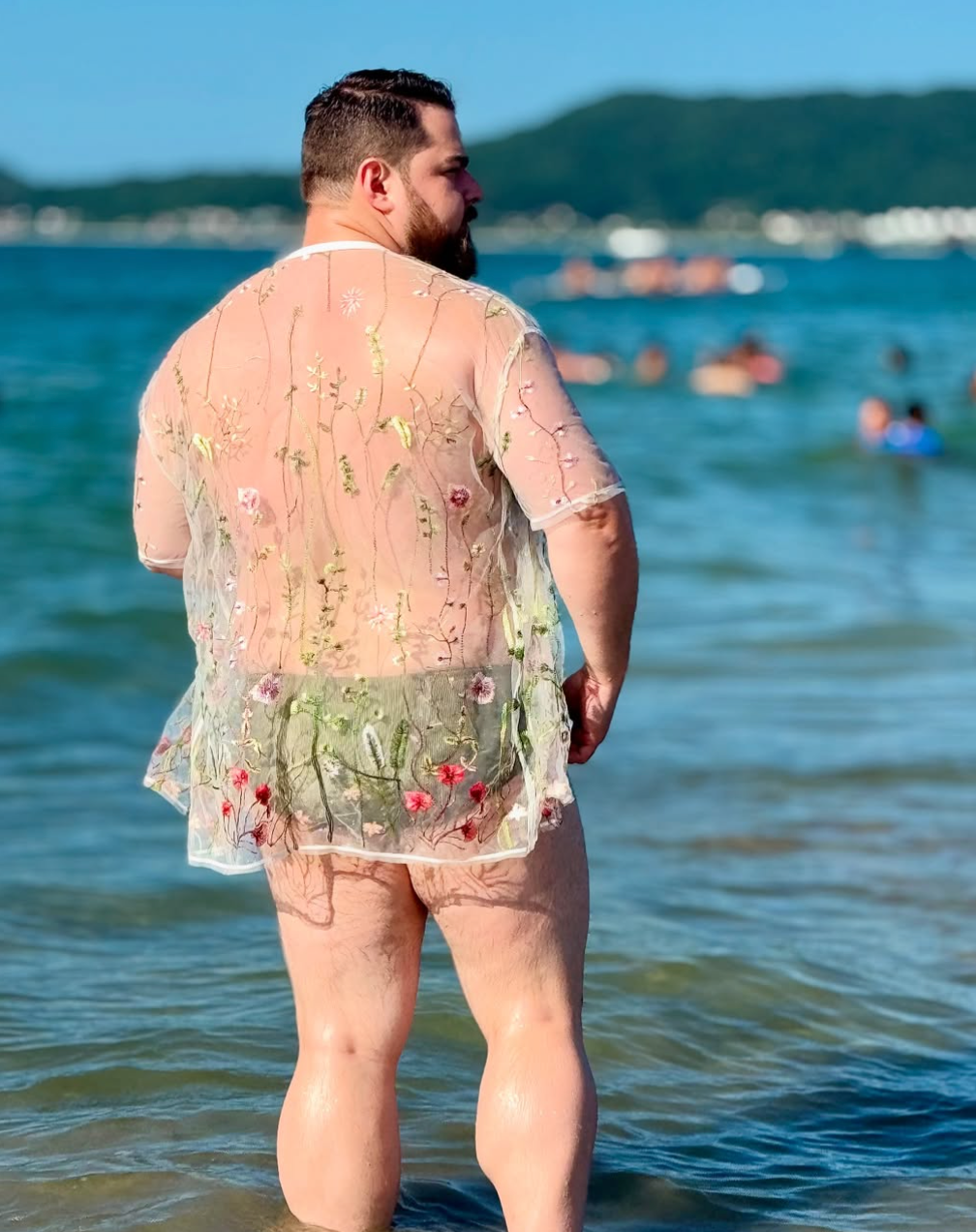 Men's Sheer Floral Embroidery Short Sleeve Shirt	