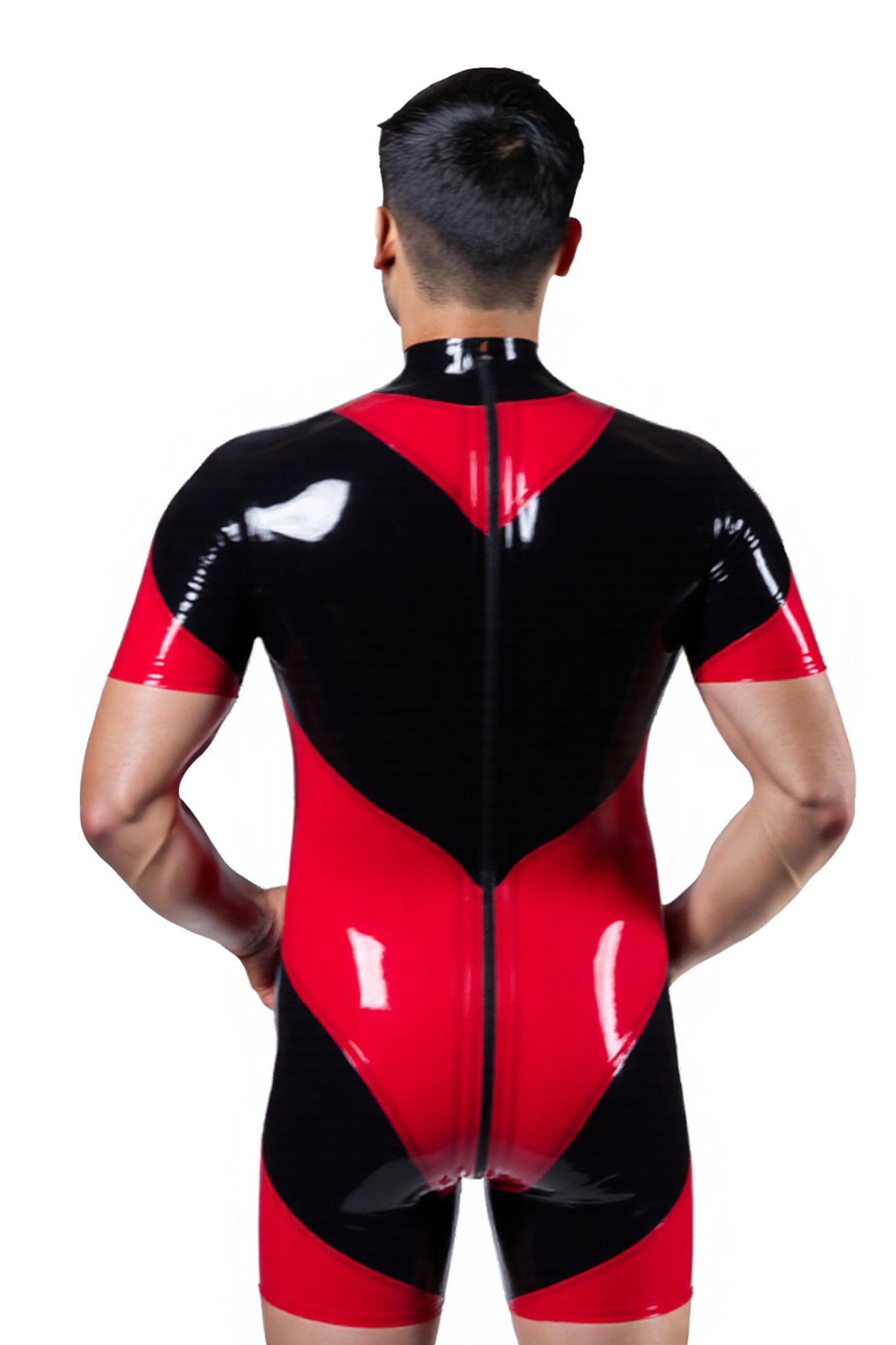 Joyglove Men's Glossy PU Leather Bodysuit – Bold Red and Black Color Block Design with Zip Front