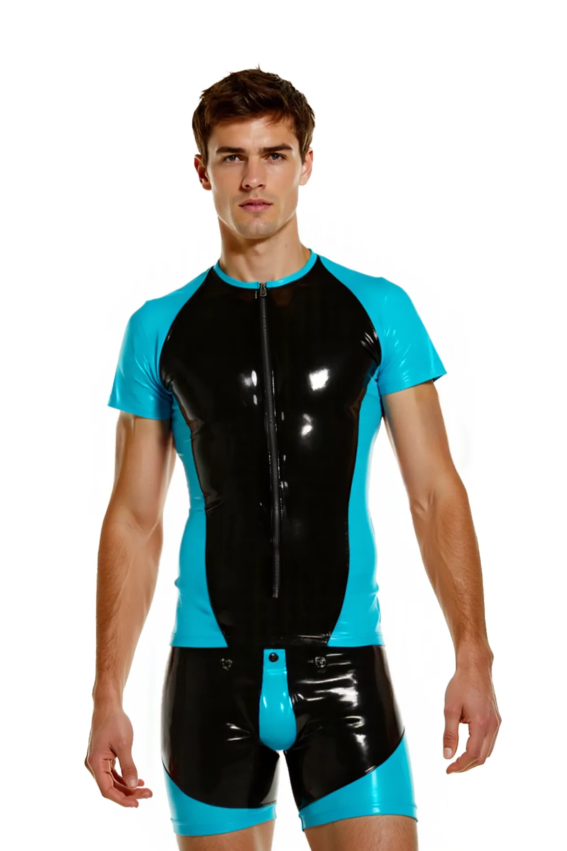 Joyglove Men’s GlossFit Compression Bodysuit-Sculpted PU Leather Design