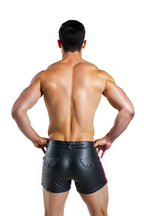 Joyglove Men’s PU Leather Shorts with Red Side Stripes and Back Pocket Design