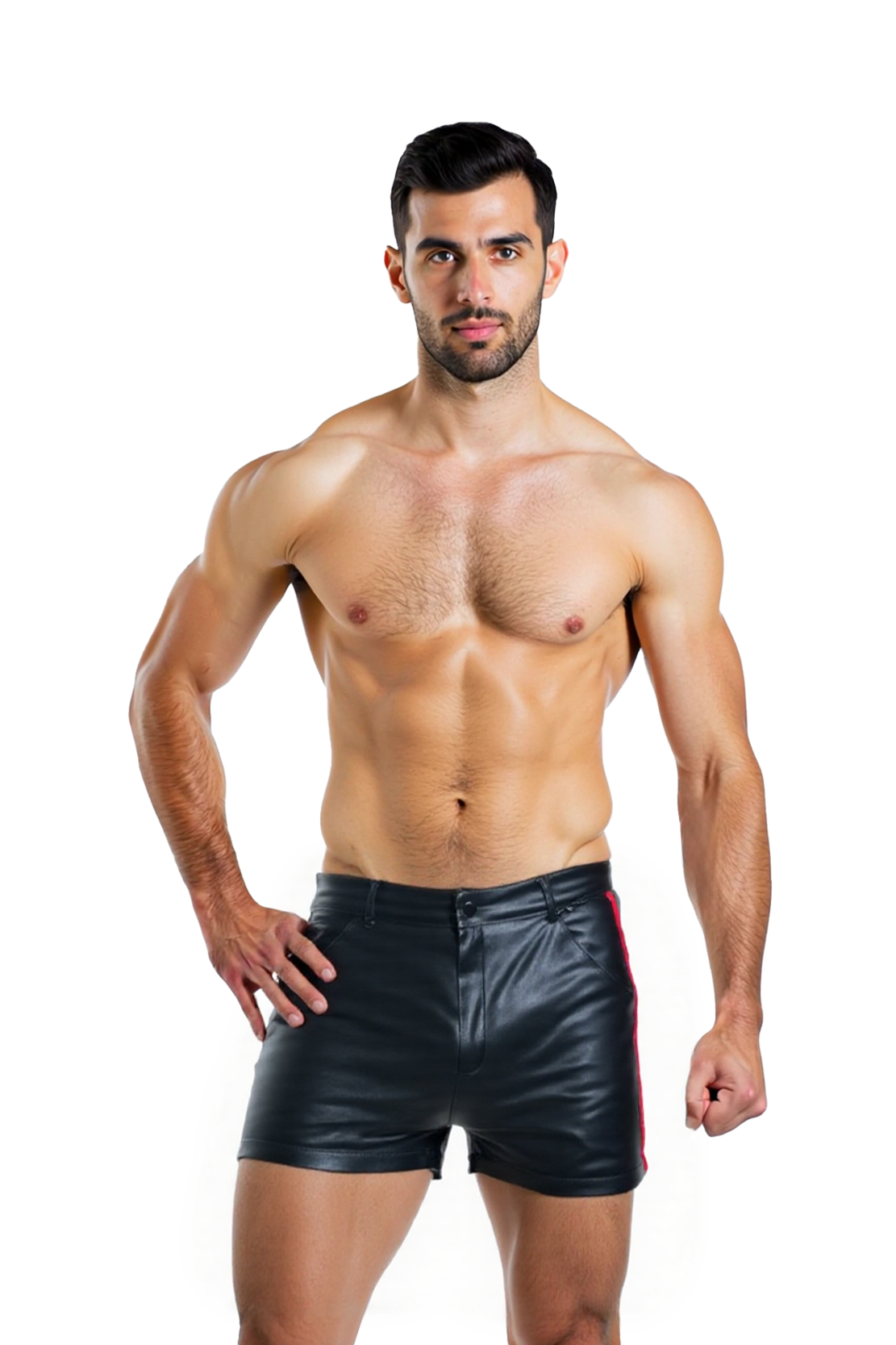 Joyglove Men’s PU Leather Shorts with Red Side Stripes and Back Pocket Design