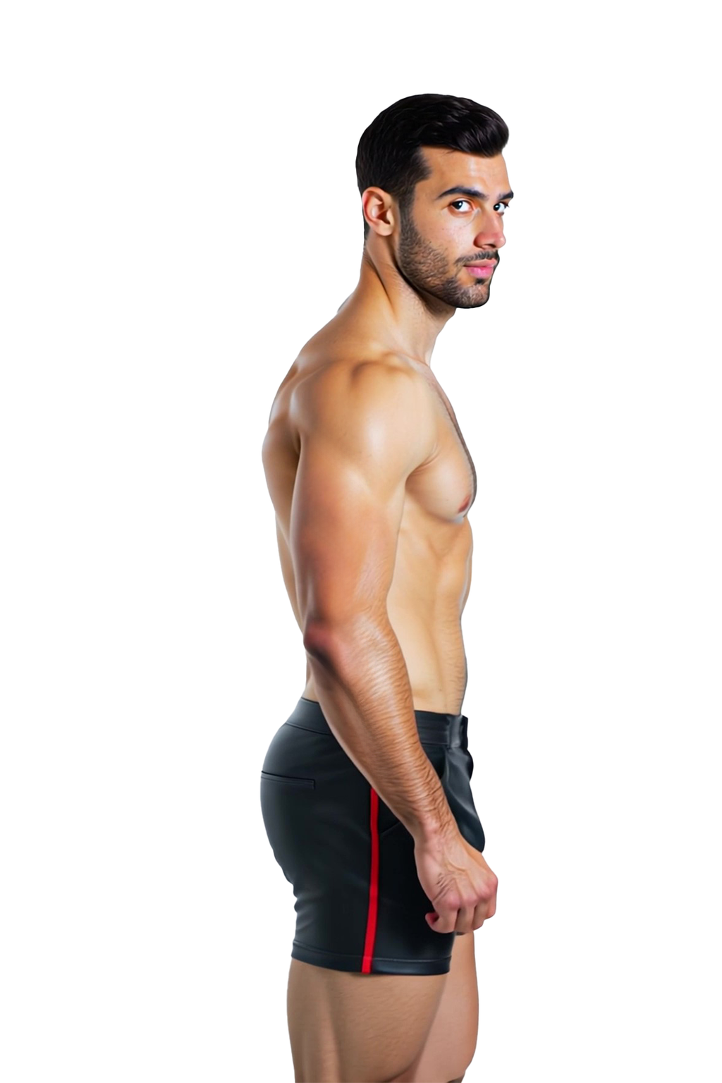 Joyglove Men’s PU Leather Shorts with Red Side Stripes and Back Pocket Design