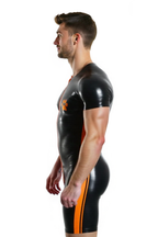 Joyglove Men’s Black PU Leather Bodysuit with Orange Paw Print and Zipper Front