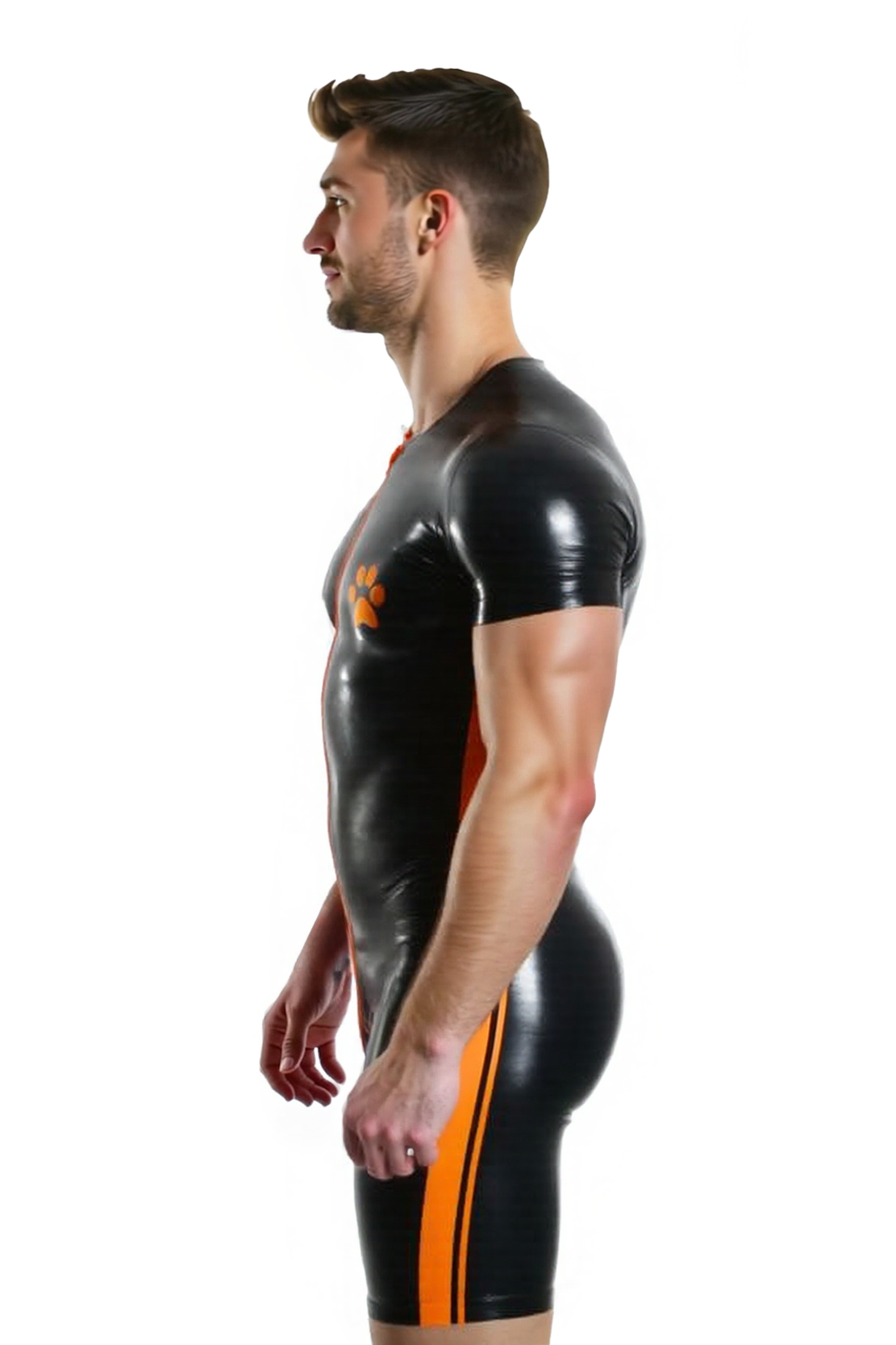 Joyglove Men’s Black PU Leather Bodysuit with Orange Paw Print and Zipper Front