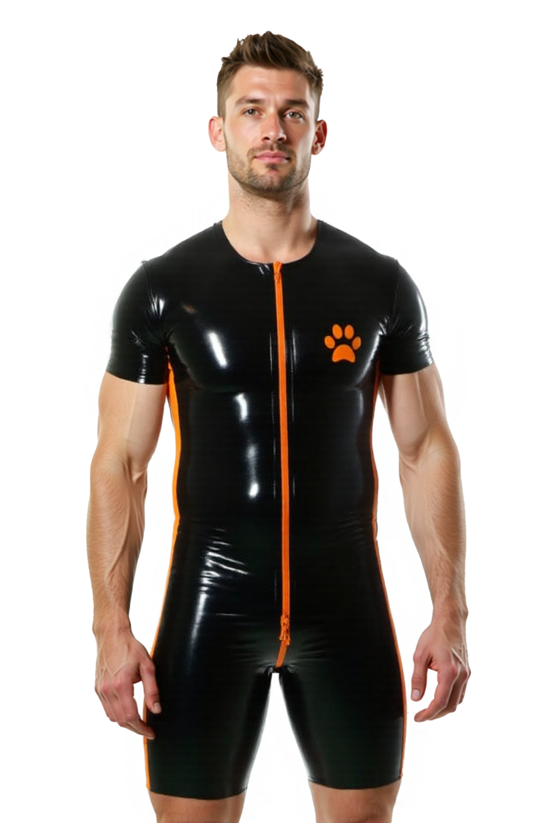 Joyglove Men’s Black PU Leather Bodysuit with Orange Paw Print and Zipper Front