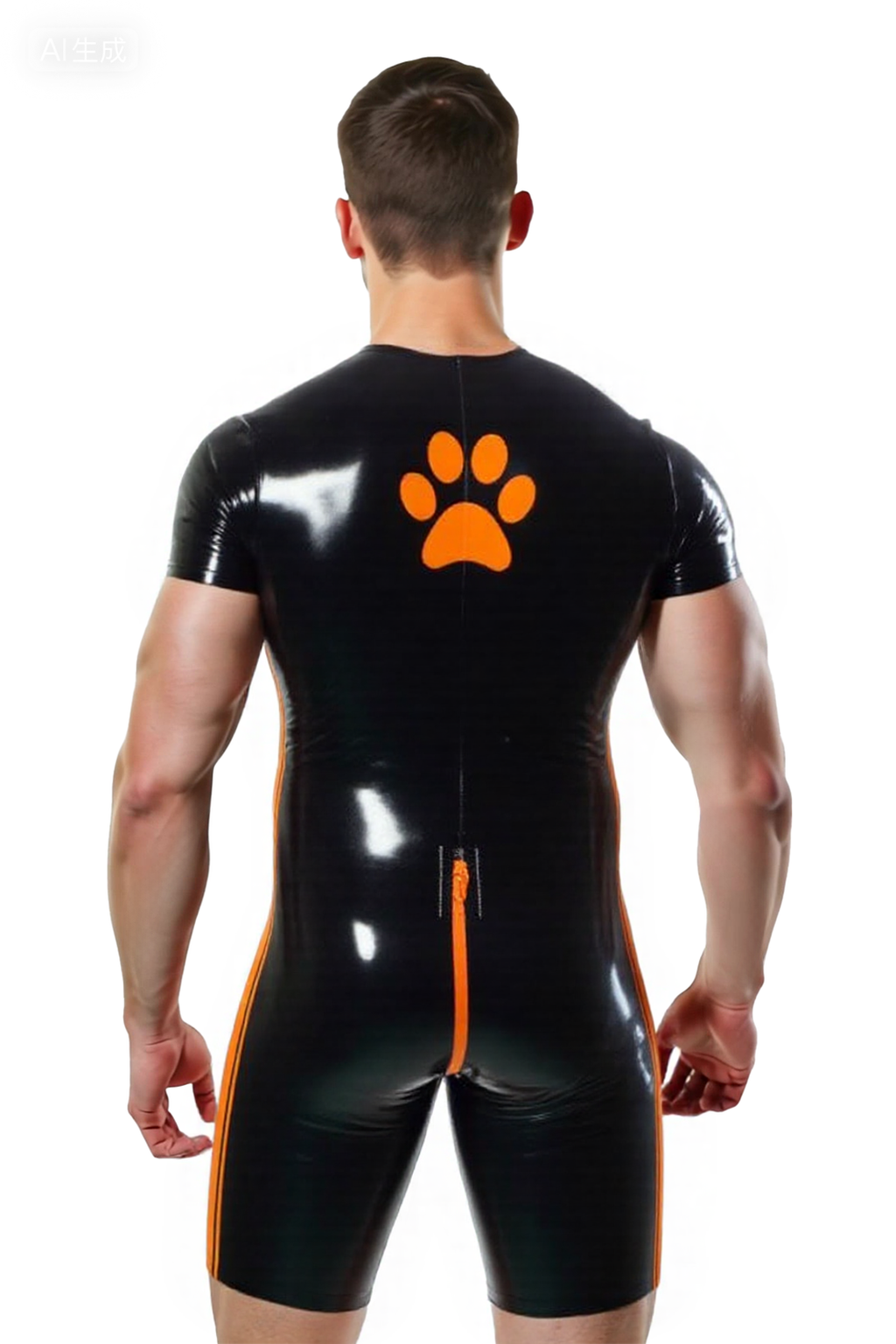Joyglove Men’s Black PU Leather Bodysuit with Orange Paw Print and Zipper Front
