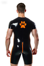 Joyglove Men’s Black PU Leather Bodysuit with Orange Paw Print and Zipper Front