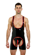 Joyglove Men’s Black PU Leather Wrestling Singlet with Open Butt and Red Trim