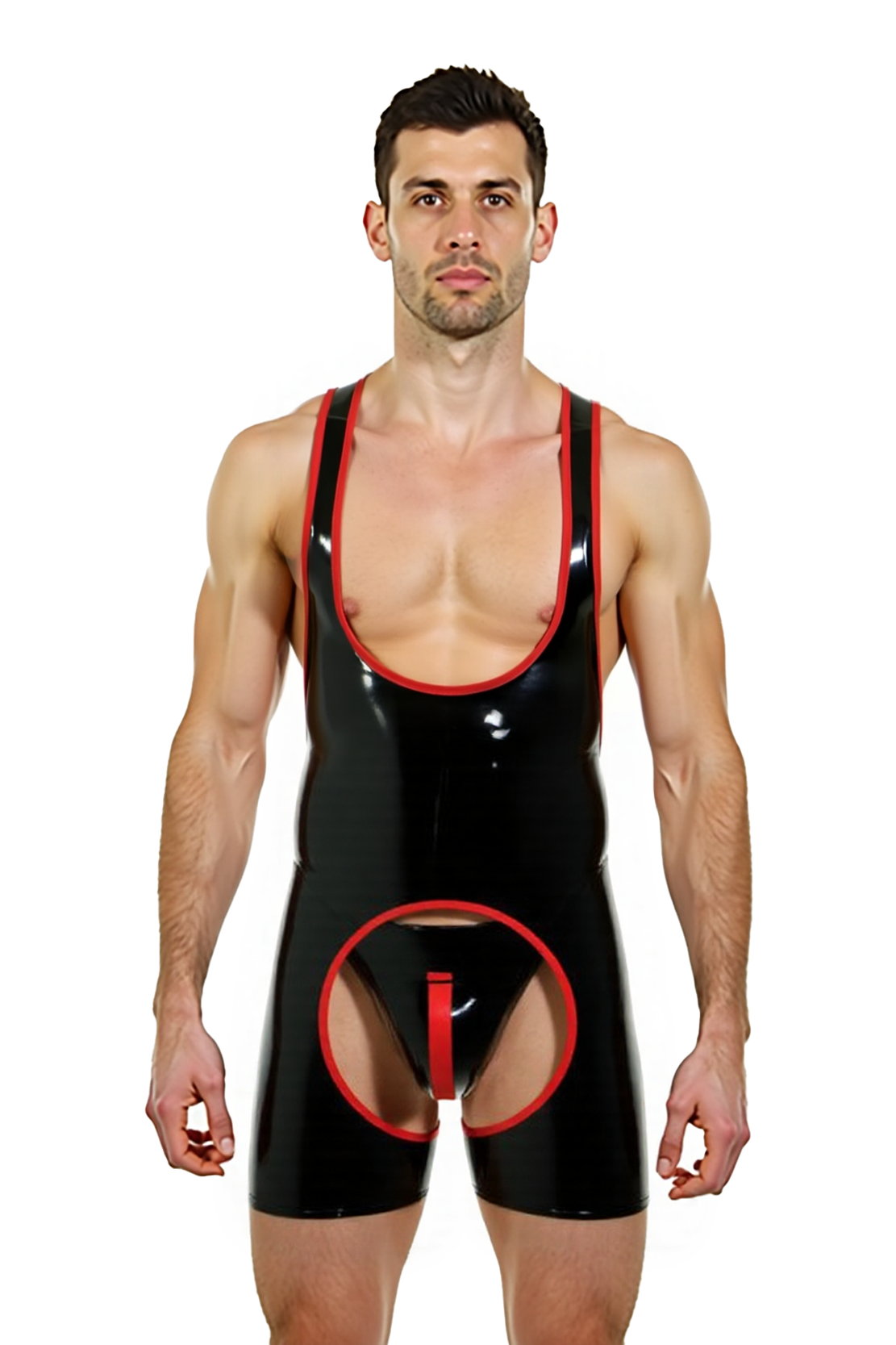 Joyglove Men’s Black PU Leather Wrestling Singlet with Open Butt and Red Trim