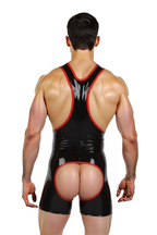 Joyglove Men’s Black PU Leather Wrestling Singlet with Open Butt and Red Trim