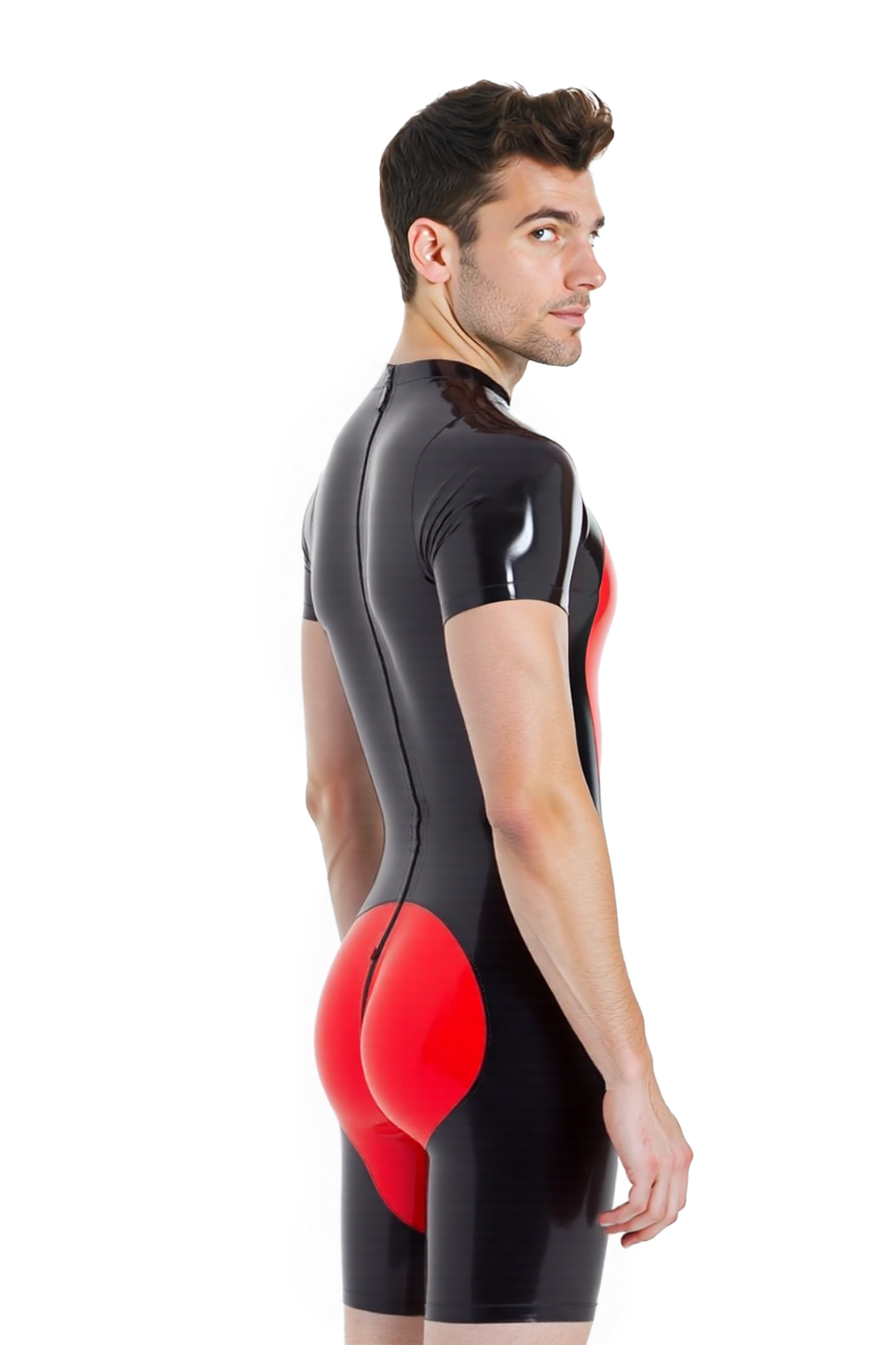 Joyglove Men’s PU Leather Short-Sleeve Bodysuit – Black & White Contrast Style