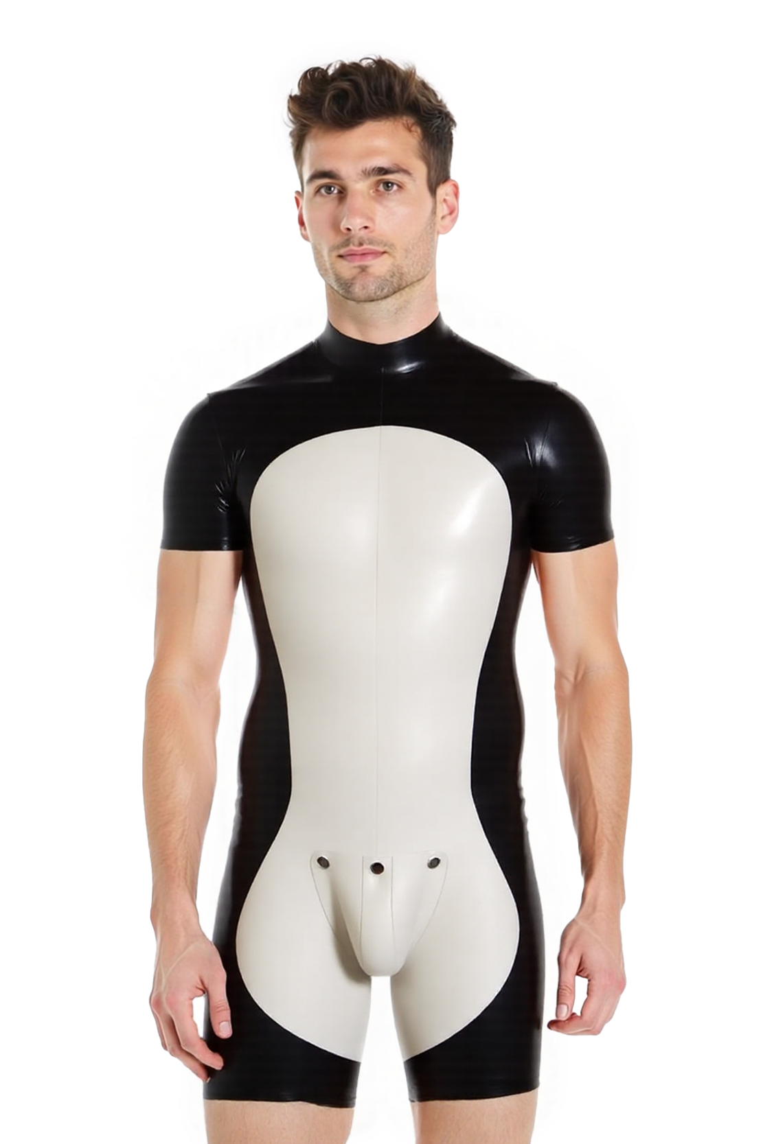 Joyglove Men’s PU Leather Short-Sleeve Bodysuit – Black & White Contrast Style