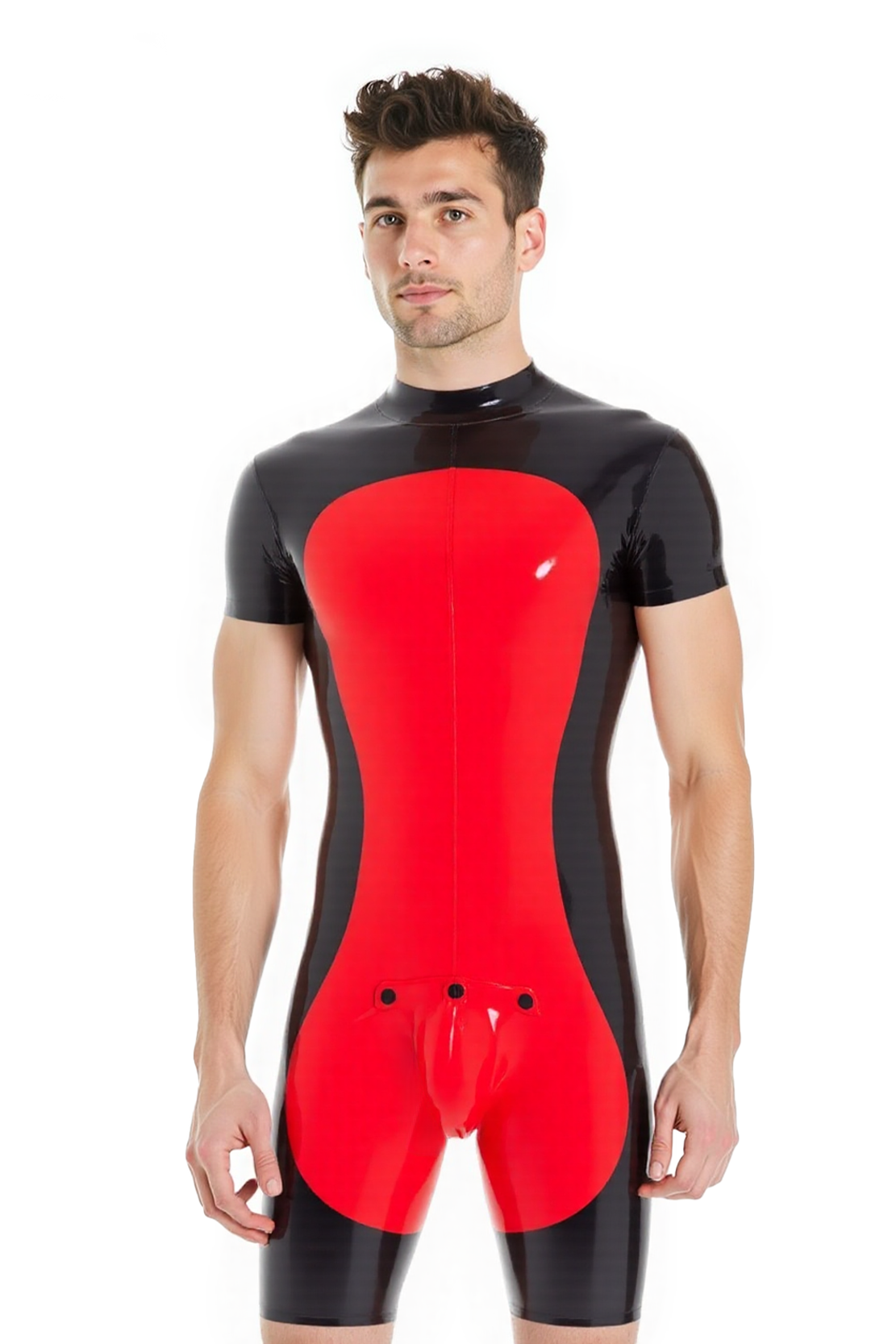 Joyglove Men’s PU Leather Short-Sleeve Bodysuit – Black & White Contrast Style