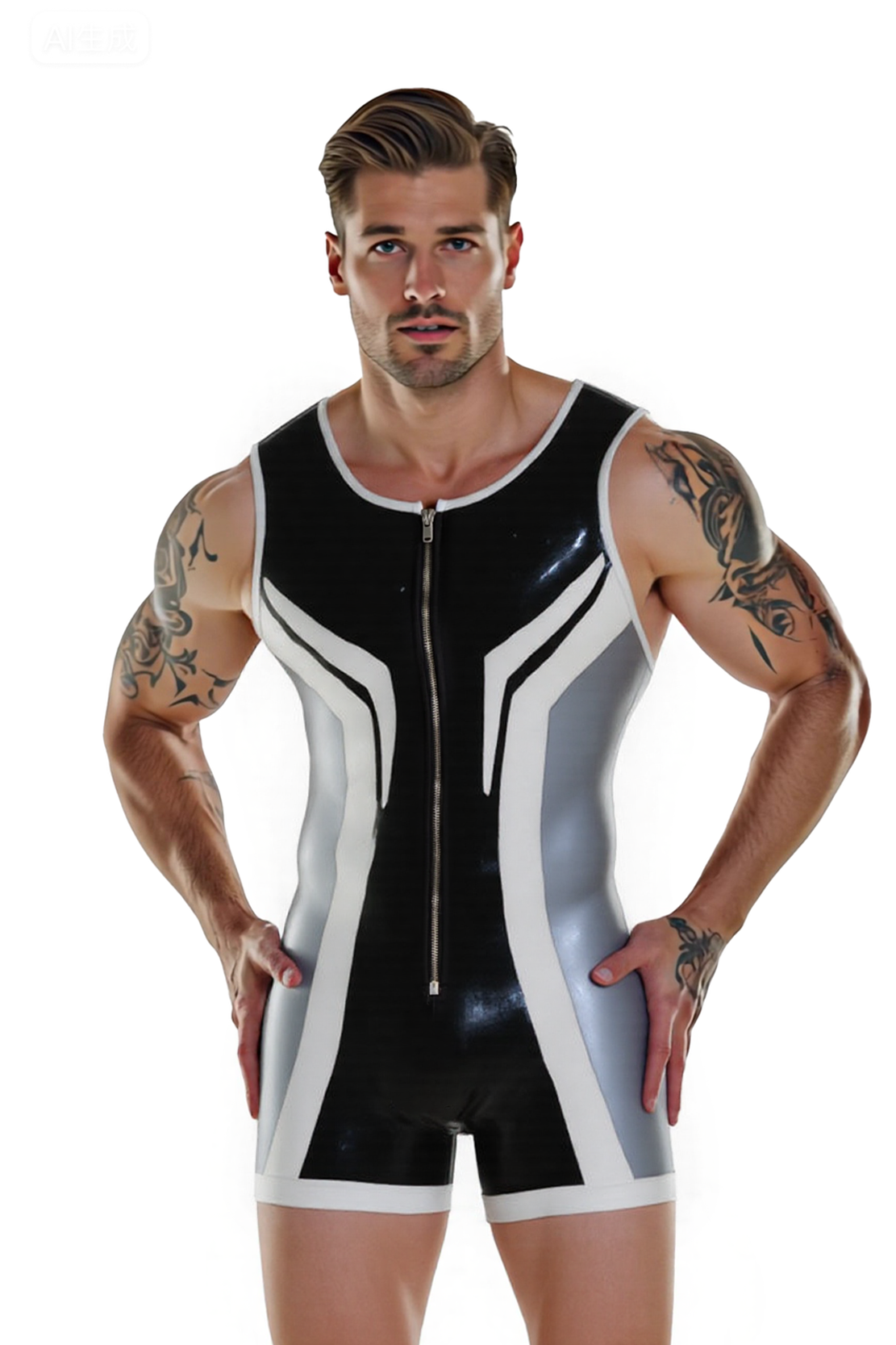 Joylgbt's Men’s Open Back PU Leather Singlet – Black & Grey with Red Trim Design	