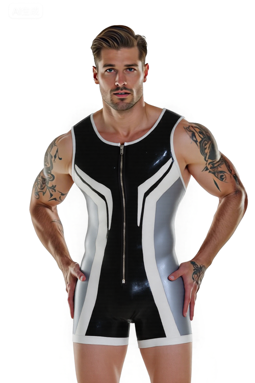 Joylgbt's Men’s Open Back PU Leather Singlet – Black & Grey with Red Trim Design	