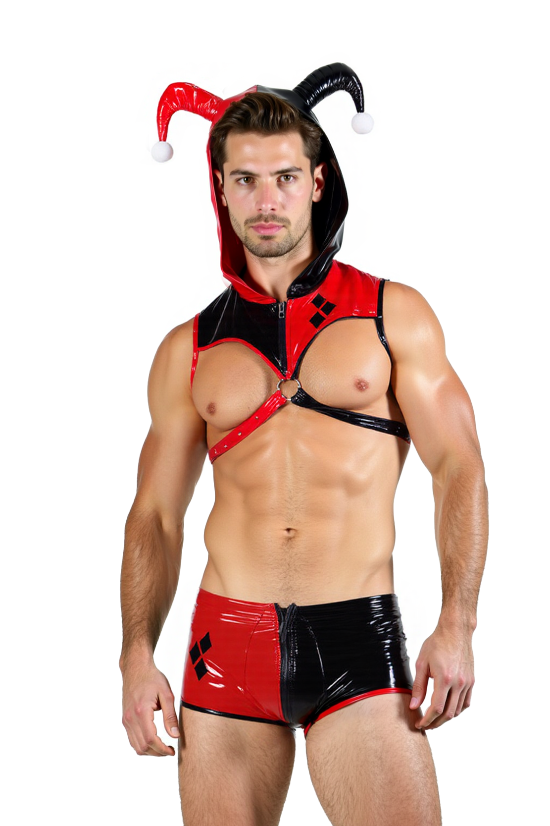 Joyglove Men’s Red & Black PU Leather Jester Costume Set Halloween