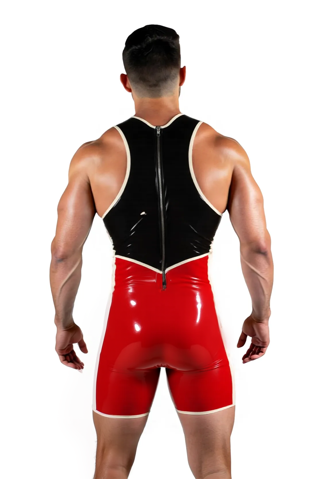 Joyglove Sexy PU Leather Singlet for Men – Contrast Red & Black with Exposed Back