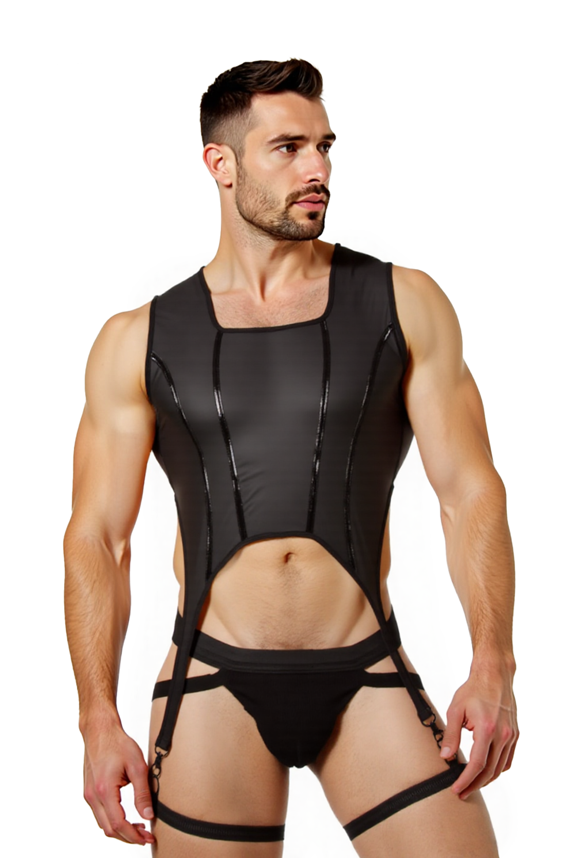 Joylgbt's Men's Stretch Mesh Garter Vest Set with Open Back Thong – Sexy Fetish-Inspired Lingerie Without Stockings	
