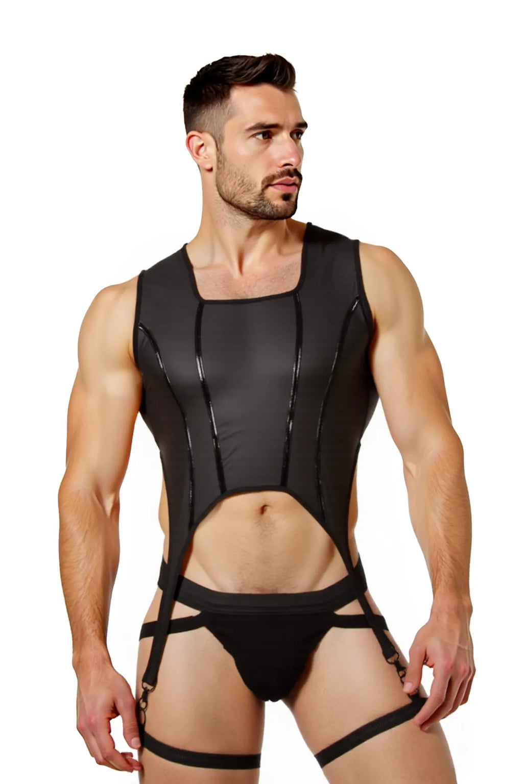 Joyglove Men's Stretch Mesh Garter Vest Set with Open Back Thong – Sexy Fetish-Inspired Lingerie Without Stockings