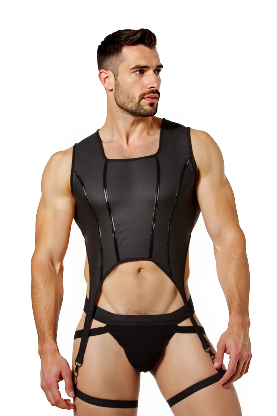 Joyglove Men's Stretch Mesh Garter Vest Set with Open Back Thong – Sexy Fetish-Inspired Lingerie Without Stockings