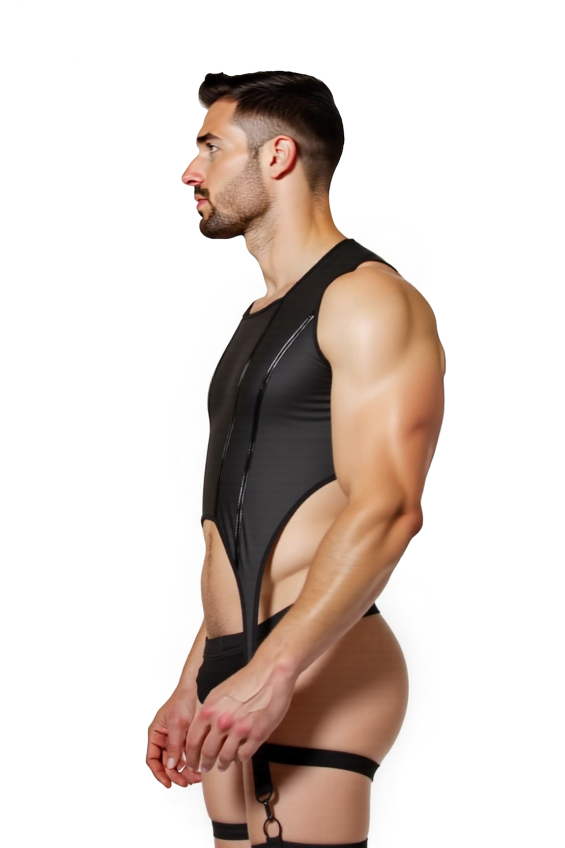 Joylgbt's Men's Stretch Mesh Garter Vest Set with Open Back Thong – Sexy Fetish-Inspired Lingerie Without Stockings	