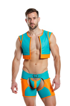 Joylgbt's Colorblock Open-Back Leather Harness Set – Sexy Blue & Orange Faux Leather Two-Piece for Men	