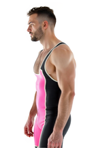 Joyglove Men's PU Leather Singlet Shorts Bodysuit, Sexy Color-Block Athletic Wear