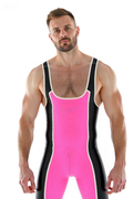 Joyglove Men's PU Leather Singlet Shorts Bodysuit, Sexy Color-Block Athletic Wear