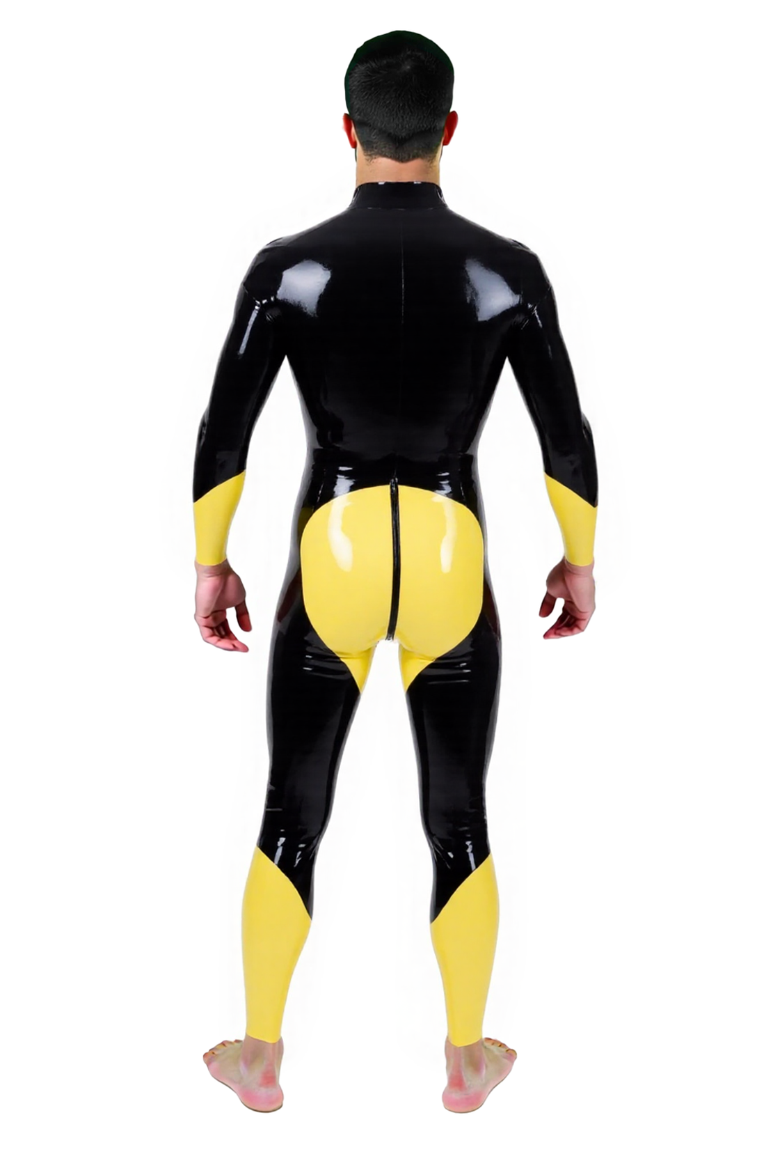 Joyglove Men’s PU Leather Full Body Catsuit – Black and Yellow Contrast with Front Pouch