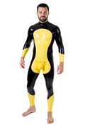Joyglove Men’s PU Leather Full Body Catsuit – Black and Yellow Contrast with Front Pouch