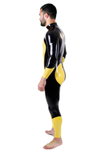 Joyglove Men’s PU Leather Full Body Catsuit – Black and Yellow Contrast with Front Pouch