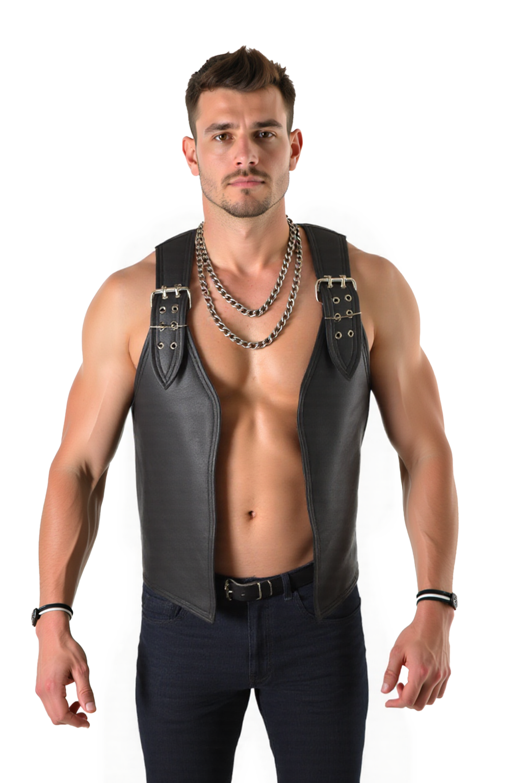 Joyglove Men’s PU Leather Harness Vest – Open Front Biker Style with Buckle Straps