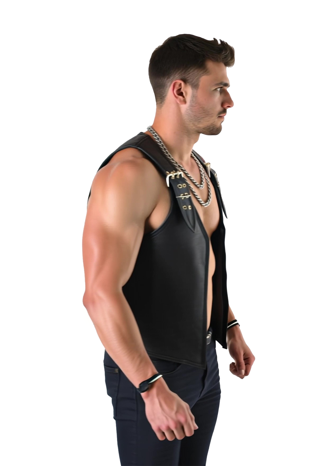 Joyglove Men’s PU Leather Harness Vest – Open Front Biker Style with Buckle Straps