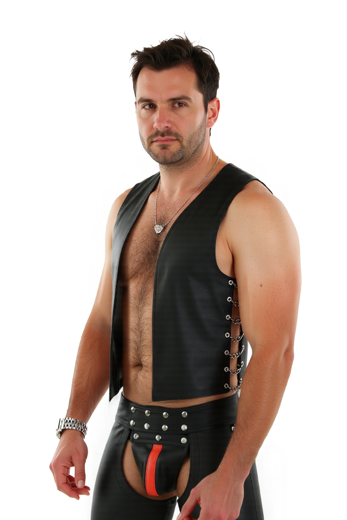 Joyglove Black PU Leather Vest and Shorts Set – Bold and Sexy Fetish Outfit with Metal Details