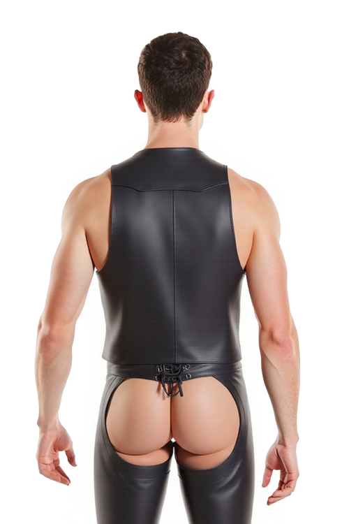 Joyglove Black PU Leather Vest and Backless Shorts Set – Bold and Edgy Fetish Outfit with Lace-Up Detail
